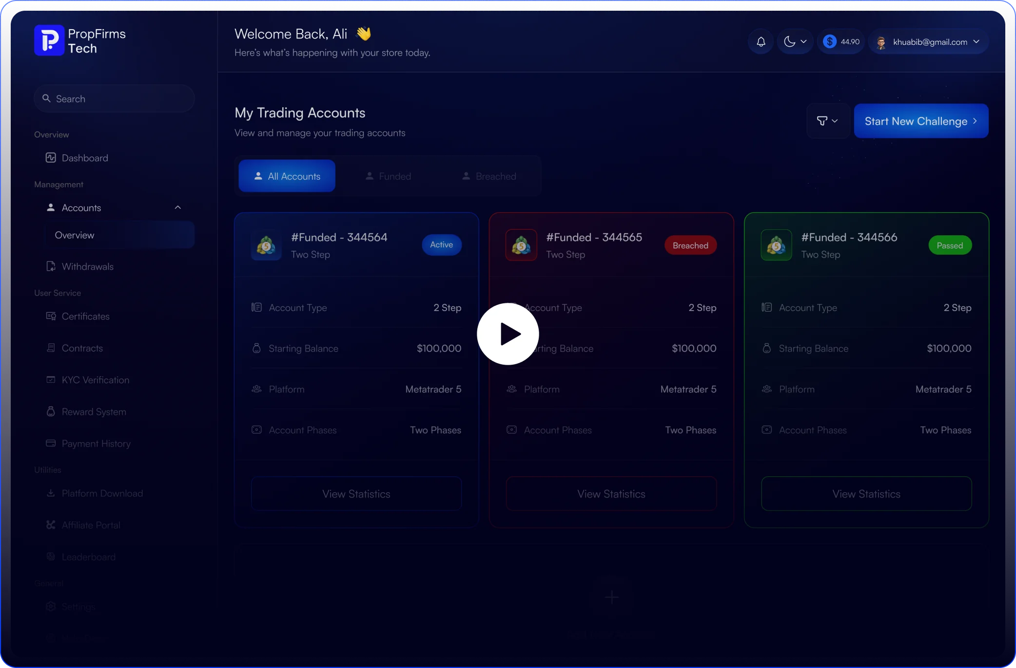 PropFirmsTech platform walkthrough video showing automated prop firm management